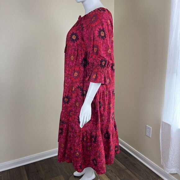 Coco + Jase Custom Womens Size XL Red Floral Cotton Pullover Midi Dress Art Boho - Picture 8 of 13